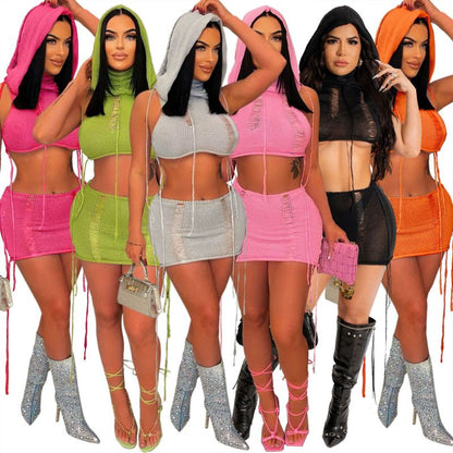 Conjunto de top corto de punto con capucha, falda y pantalones cortos de playa, informal, sin mangas y sexy para mujer
