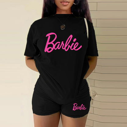 Conjunto de dos piezas con top y pantalones cortos con estampado del alfabeto de Barbie para mujer