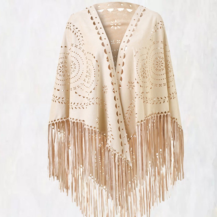Abrigo chal con borlas huecas de ante de color liso informal a la moda para mujer