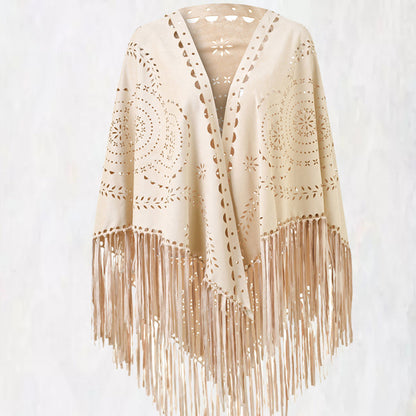 Abrigo chal con borlas huecas de ante de color liso informal a la moda para mujer