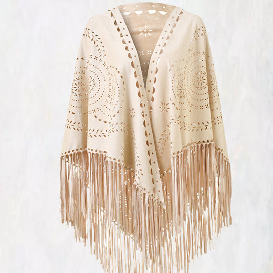 Abrigo chal con borlas huecas de ante de color liso informal a la moda para mujer