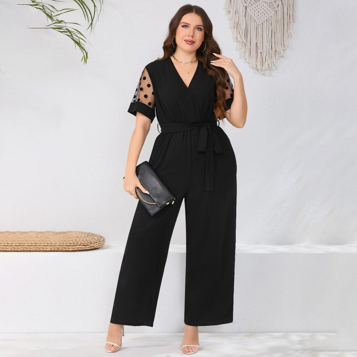 Women Fashion Casual Plus Size Lace Stitching V-Neck Short-Sleeve Lace-Up Jumpsuits