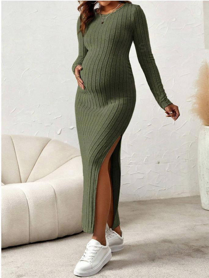 Pregnant Women Fashion Casual Rib Knitted Crewneck Long Sleeve Split Dress
