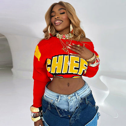 Autumn Winter Casual Street Fashion Letter Color Contrast Fashion Knitted Crop Sweater