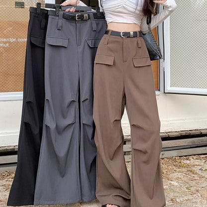 Pantalones cargo holgados de color liso, rectos, de pierna ancha y cintura alta para mujer