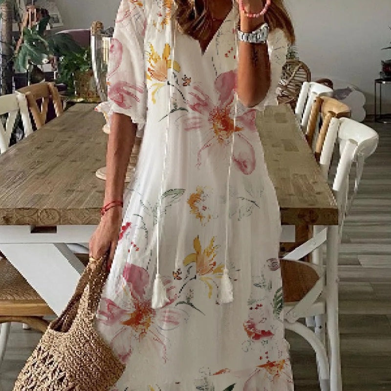 Vestido informal de moda con cuello en V y manga corta con estampado floral para mujer