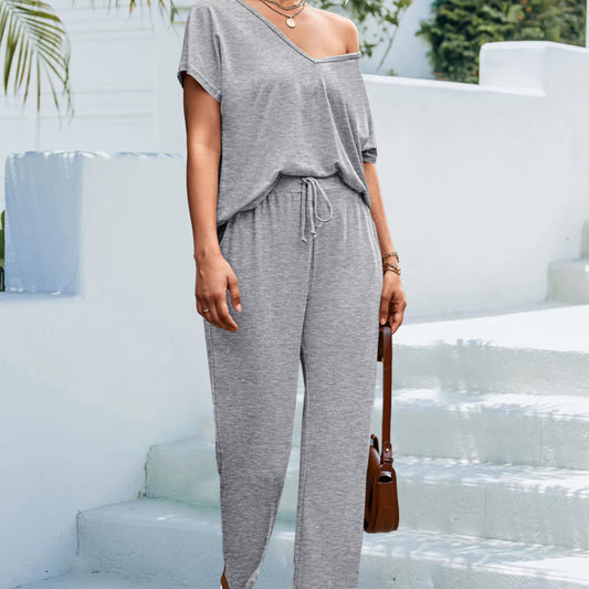 Conjunto de 2 piezas de top y pantalón deportivo de manga corta con cuello en V, informal, de verano, en color liso