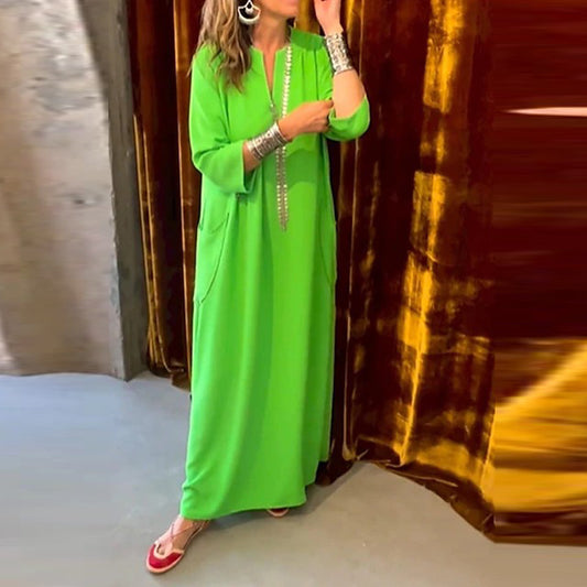 Women Fashoin Casual Solid Color V Neck Cropped Sleeve Loose Pocket Office Chic Maxi Dress