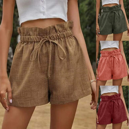 Summer Women Casual Solid Color High Waist Lace-Up Loose Shorts