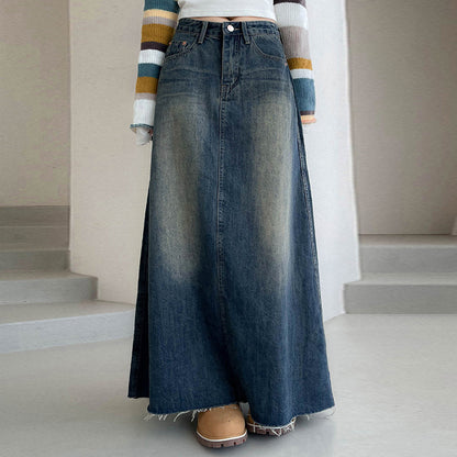 Women Denim Low Waist Loose Casual Long Skirt