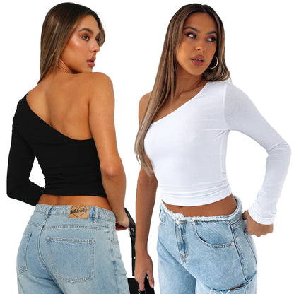 Women Fashion Casual Solid Color Oblique Shoulder Long Sleeve Crop Top
