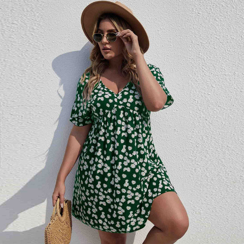 Women Fashion Casual Floral Printing V-Neck Short Sleeve Plus Size Dress