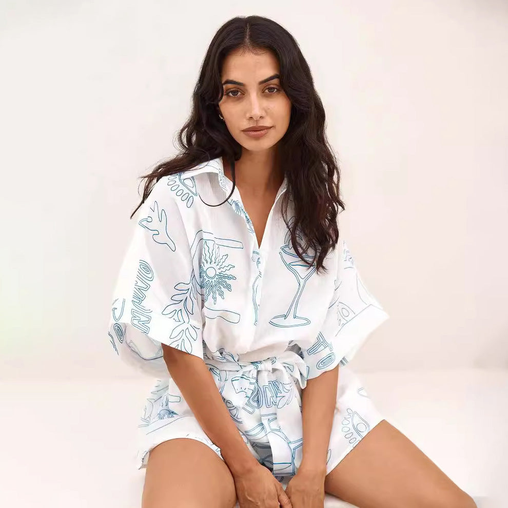 Women Fashion Casual Printed Lapel Mid-Sleeve Lace-Up Rompers