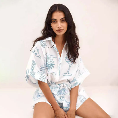 Women Fashion Casual Printed Lapel Mid-Sleeve Lace-Up Rompers