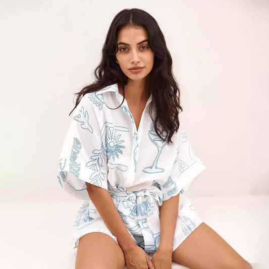 Women Fashion Casual Printed Lapel Mid-Sleeve Lace-Up Rompers