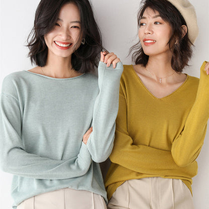 Women Fashion Casual Solid Color Round Neck V-Neck Long Sleeve Sweater