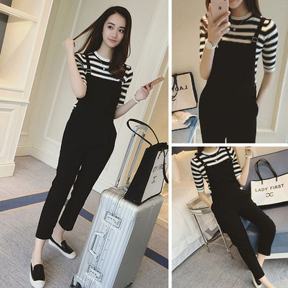 Women Casual Loose Striped Half Sleeve T-Shirt And Suspender Jumpsuit Pants Set