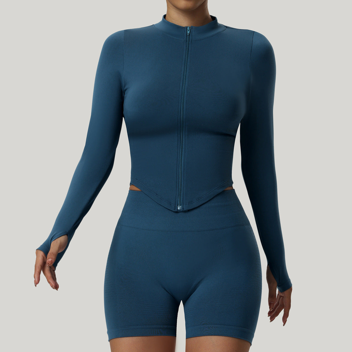Women Casual Solid Color Vertical Collar Zipper Long Sleeve Tight Yoga Sports Top