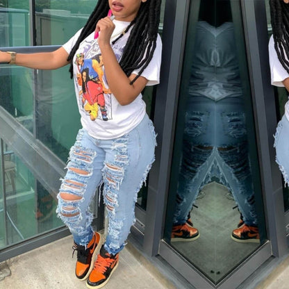 Vaqueros ajustados, rasgados y elásticos de cintura alta para mujer