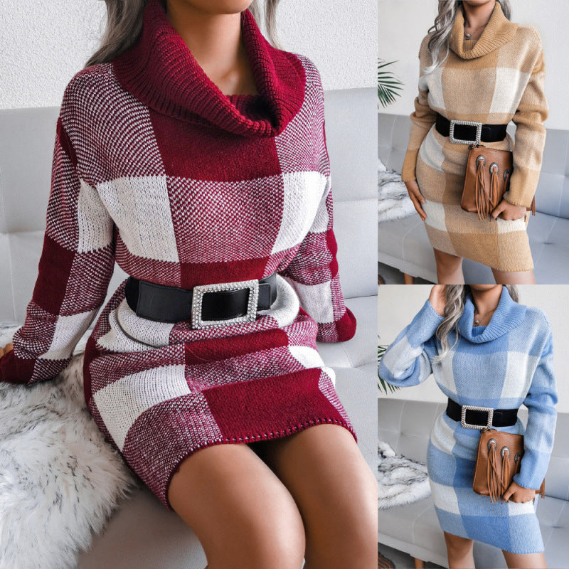 Vestido de punto con cuello alto, elegante e informal de invierno para mujer, con bloques de color y cuadros escoceses