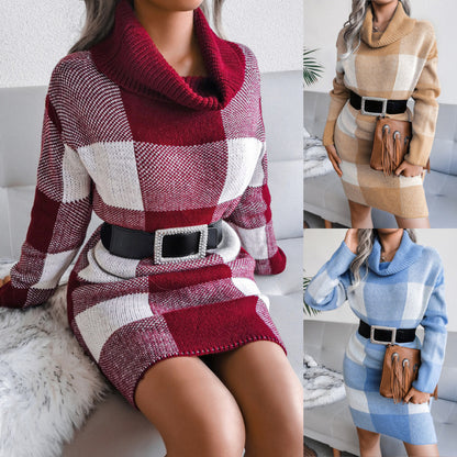 Vestido de punto con cuello alto, elegante e informal de invierno para mujer, con bloques de color y cuadros escoceses