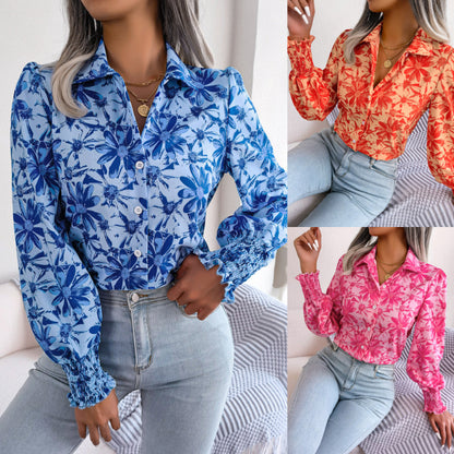 Blusa informal con solapa y estampado floral en bloques de color para mujer