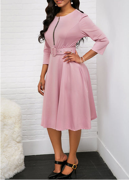 Women Fashion Casual Solid Color Zipper Belt Swing Dress