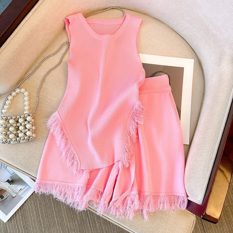 Conjunto de dos piezas de camisola de punto con borlas rosas informales a la moda para mujer, pantalones cortos de cintura alta
