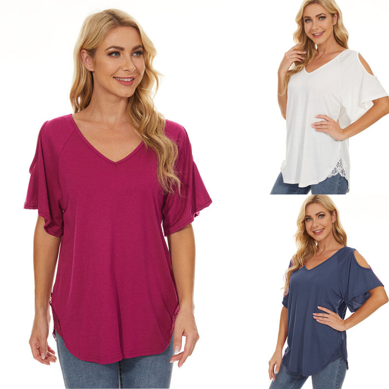 Camiseta informal holgada de manga corta con cuello en V para mujer