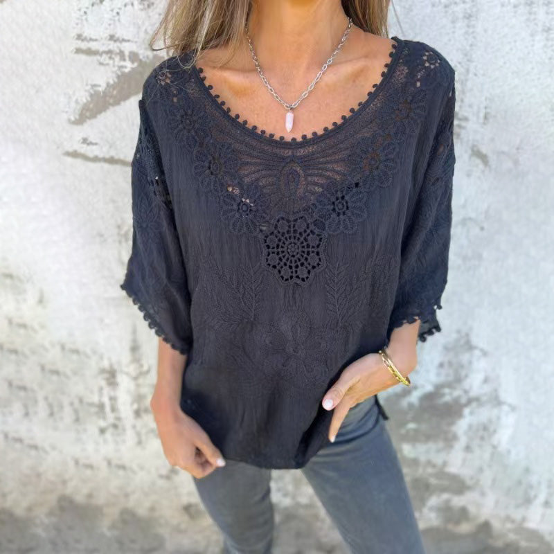 Blusa informal bohemia de manga larga con bordados y aberturas para mujer