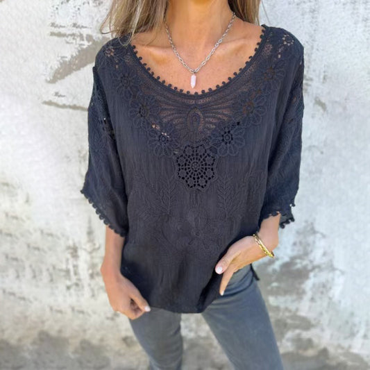 Blusa informal bohemia de manga larga con bordados y aberturas para mujer