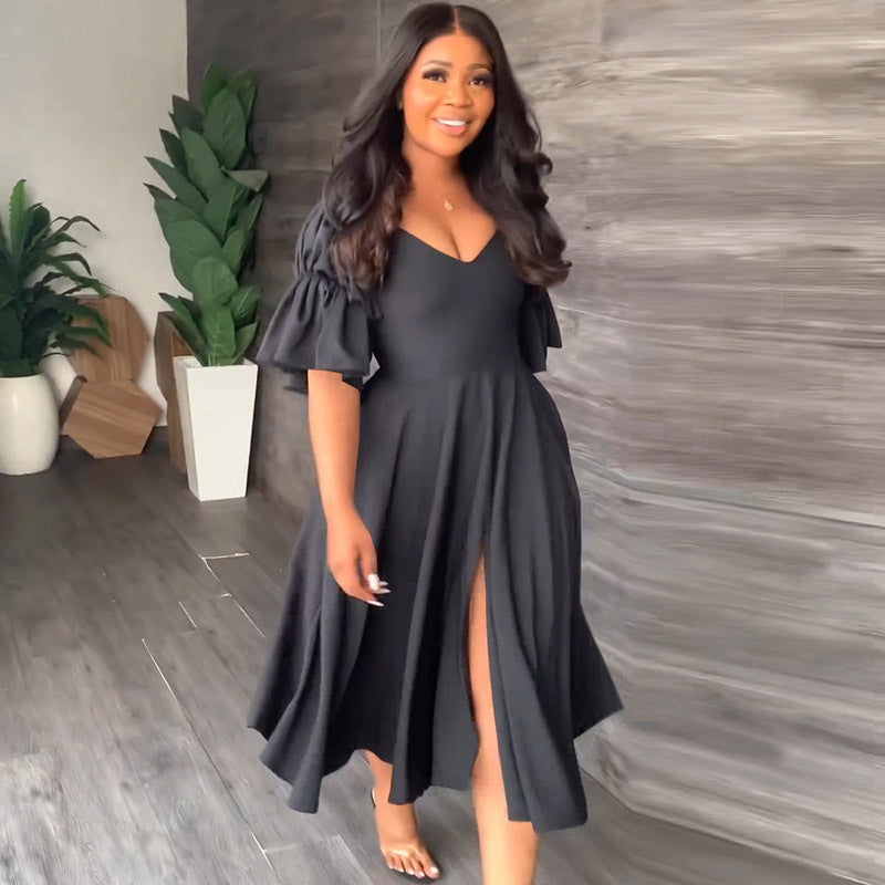 Women Casual Fashion V-Neck Ruffled Sleeves Hollow Backless Slit Swing Midi Dress