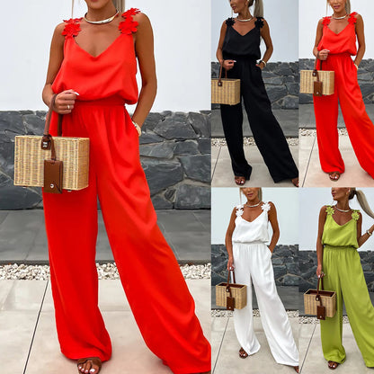 Women Fashion Casual Loose Solid Color V-Neck Strap Sleeveless Pocket Jumpsuits