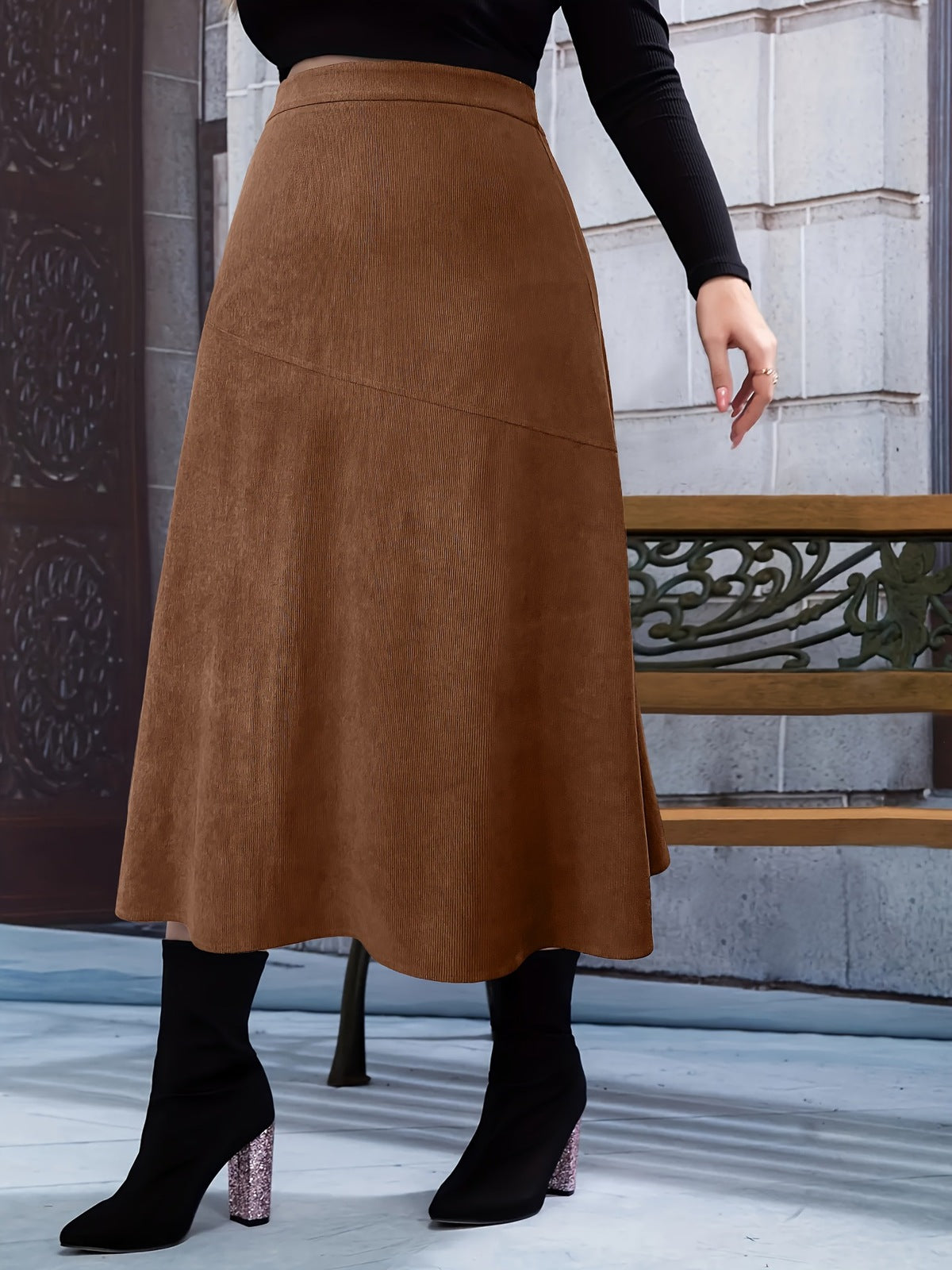 Women Fashion Casual Corduroy Thick High Waist Stitchingplus Size A- Line Skirt