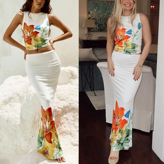 Spring And Summer Positioning Floral Print Two-Piece Casual Vacation Tank Top Skirt Set