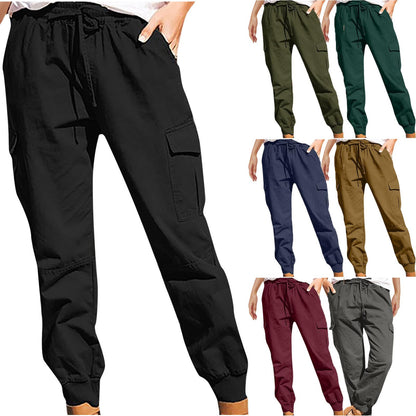 Women Solid Color Casual Fashion Pocket Lace-Up High Waist Pants