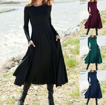 Women Casual Solid Color Round Neck Long Sleeve Dress