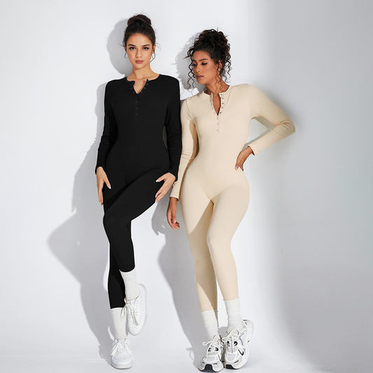 Women Fashion Casual Slim-Fit Solid Color Long Sleeve Round Neck Button Jumpsuit