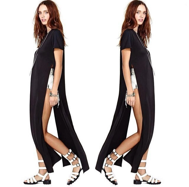 Women Casual Solid Color Short Sleeveless Fashion Simple Fashion Side-slit Dress