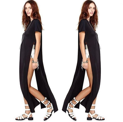 Women Casual Solid Color Short Sleeveless Fashion Simple Fashion Side-slit Dress