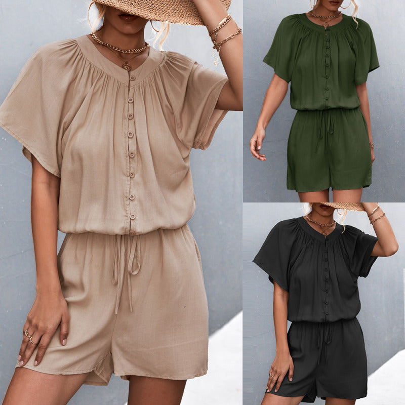 Women Solid Color Pleated Tie Button Casual Rompers
