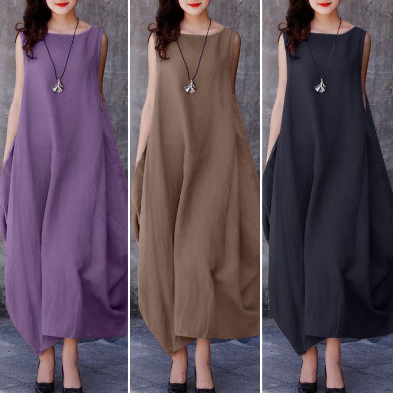 Women Plus Size Casual Loose Round Neck Sleeveless Side Large Ruched Pocket Dress
