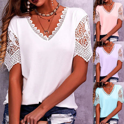 Blusa informal de manga corta con cuello en V, holgada, con encaje y patchwork de color liso para mujer
