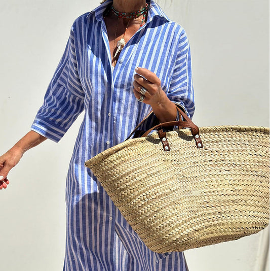 Women Casual Lapel Stripe Shirt Split Dress