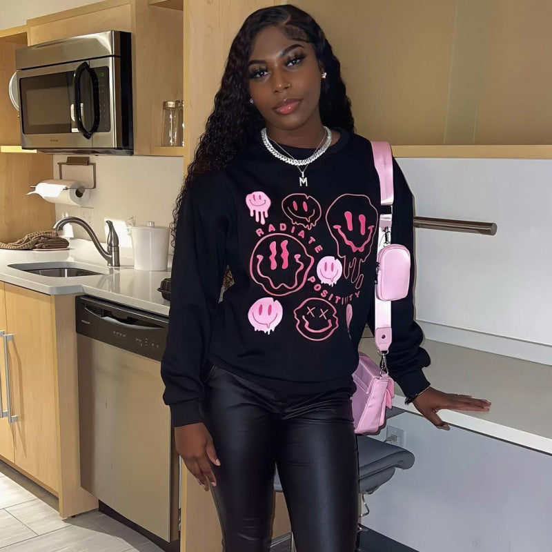 Women Loose Casual Smiley Face Print Round Neck Long Sleeve Sweatshirt