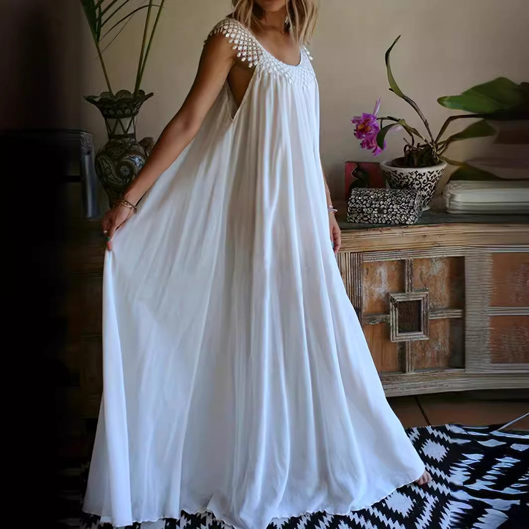 Women Fashion Casual Solid Color U-Neck Sleeveless Tassel Loose Dress