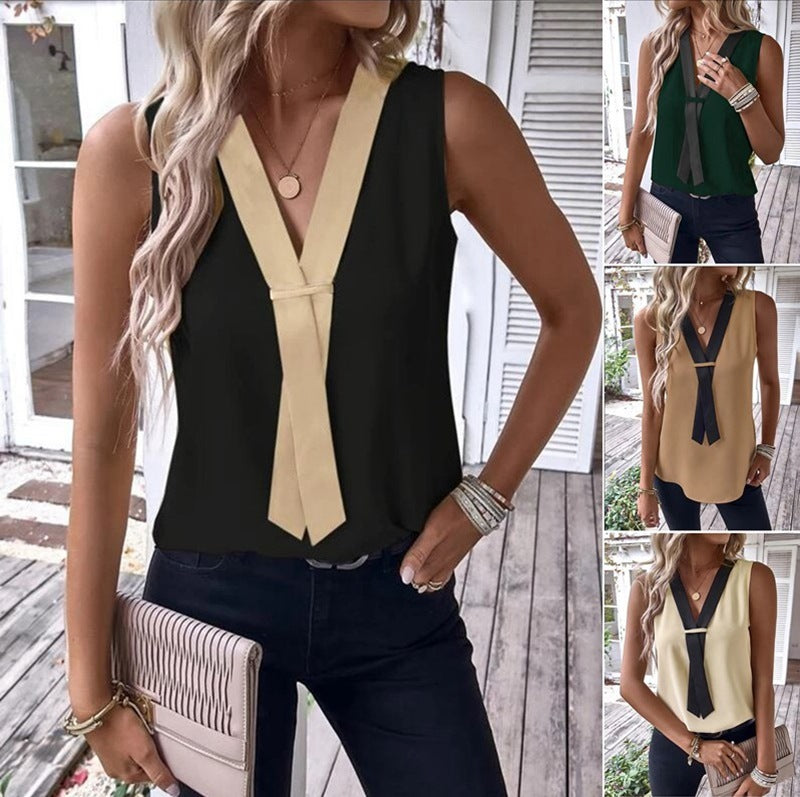 Blusa informal de oficina chic con escote en V y bloques de color para mujer