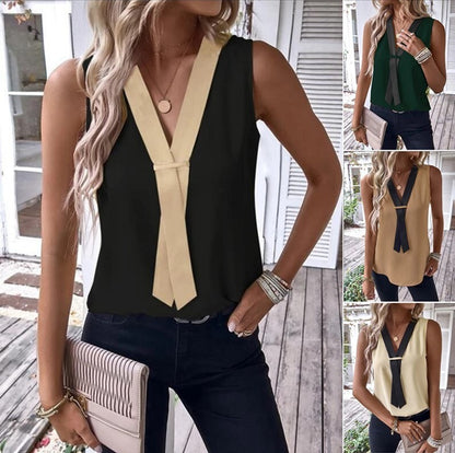 Blusa informal de oficina chic con escote en V y bloques de color para mujer