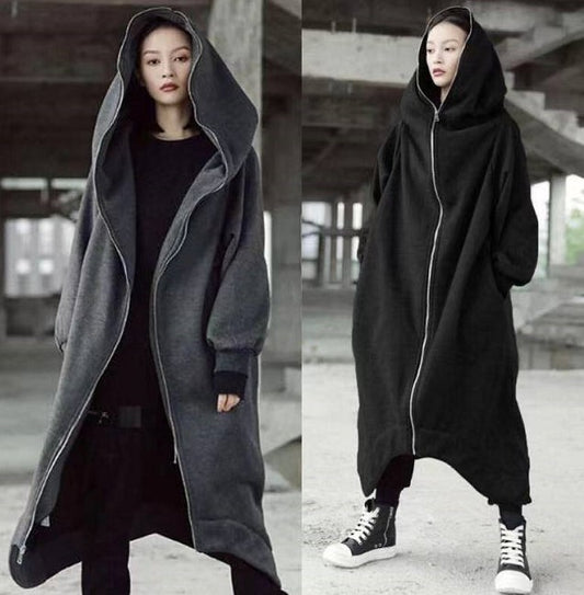 Abrigo largo holgado informal de manga larga con capucha y cremallera de color liso para mujer