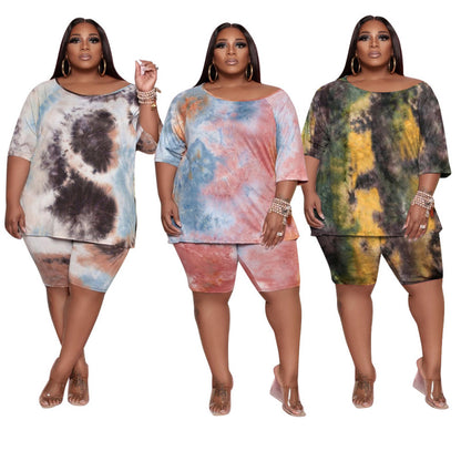 Conjunto de dos piezas de camiseta y pantalones cortos tie-dye informales de talla grande para mujer